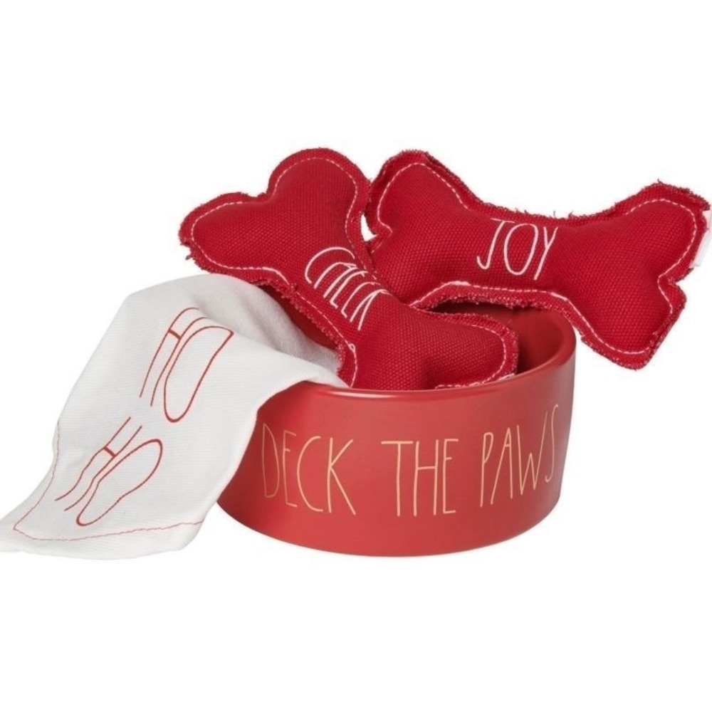 New in Box Rae Dunn Deck the Paws 6" Pet Bowl, Bandana and Dog Toys Set